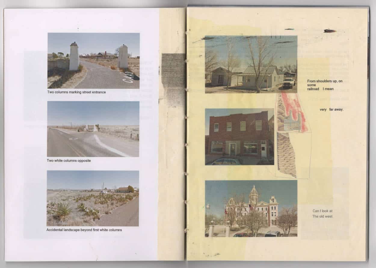 left side of page three photographs of street and landscape, right hand side overlaid with yellow transparent paper