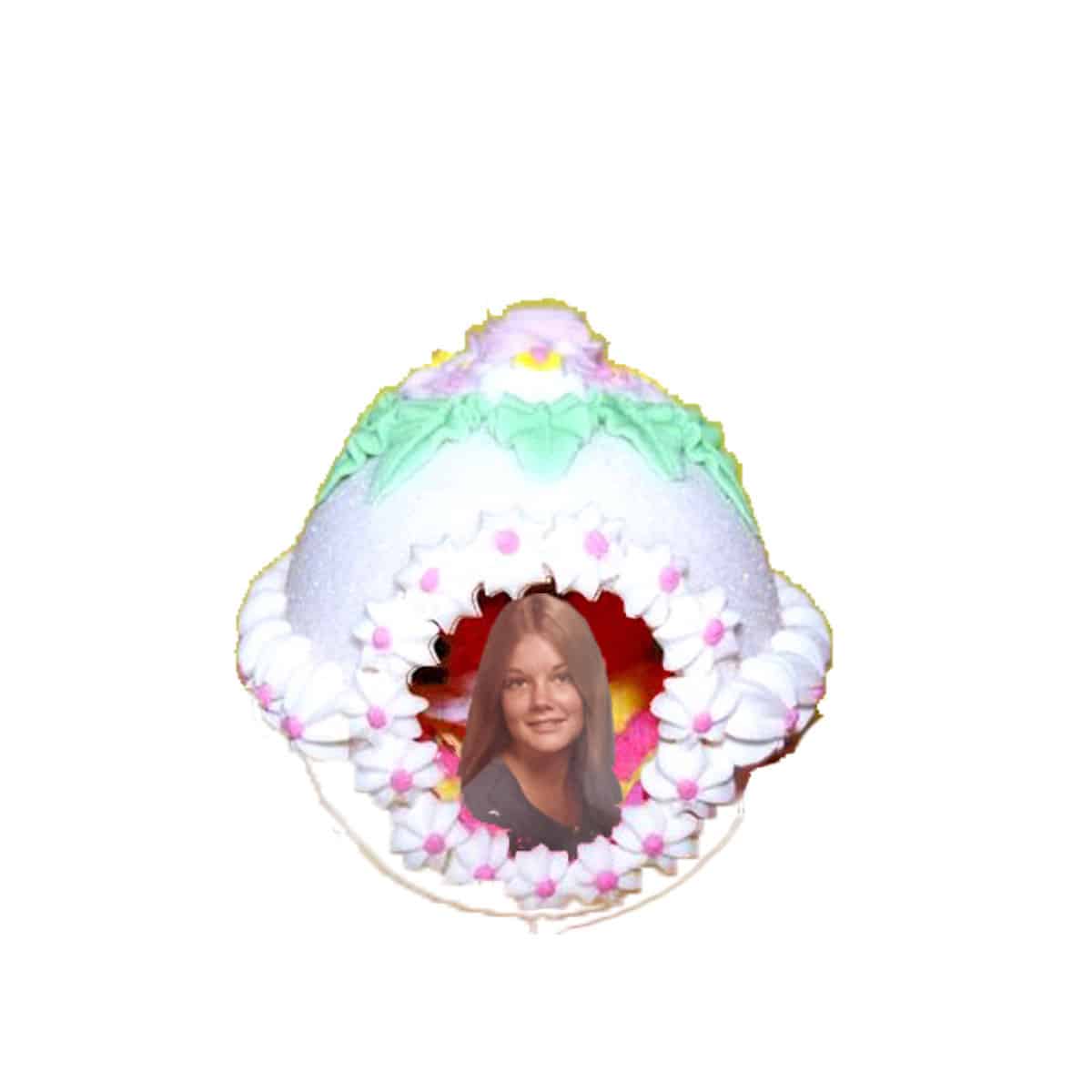 digital collage of sugar easter egg with photograph of a woman inside.