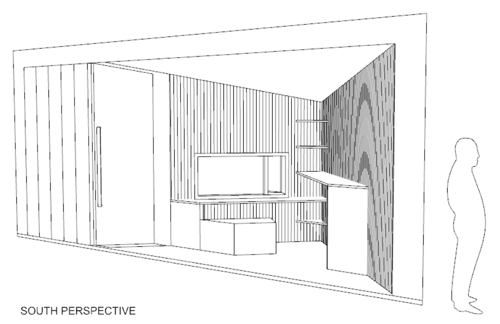 architectural drawing labeled "south perspective" of interior, window, and shelves, with figure for scale