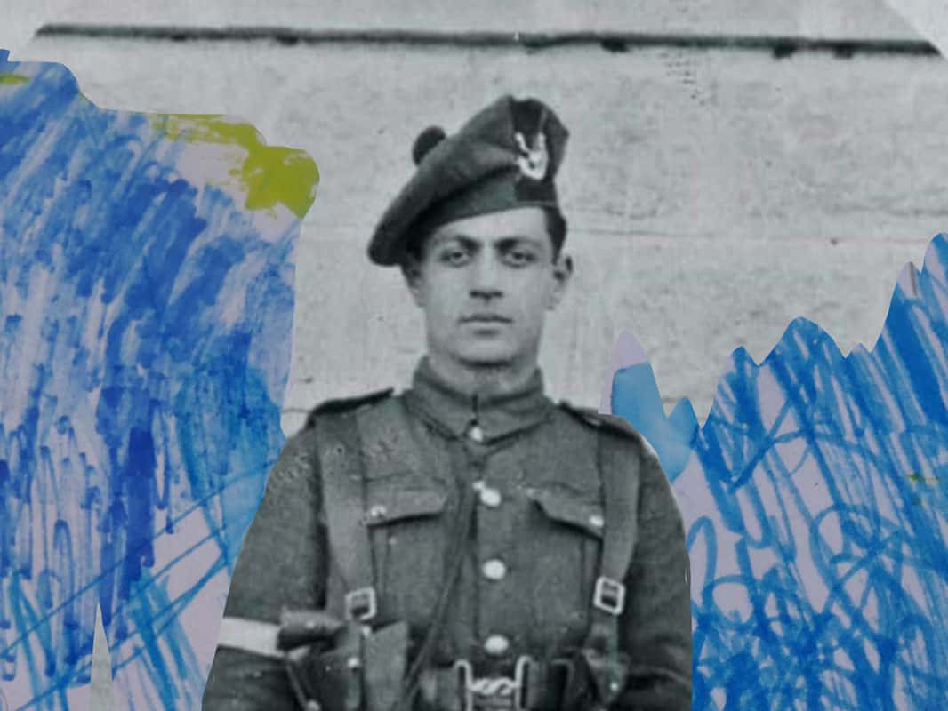 digital collage of black and white photograph of man wearing a uniform and scribbled marks in the shape of wings.
