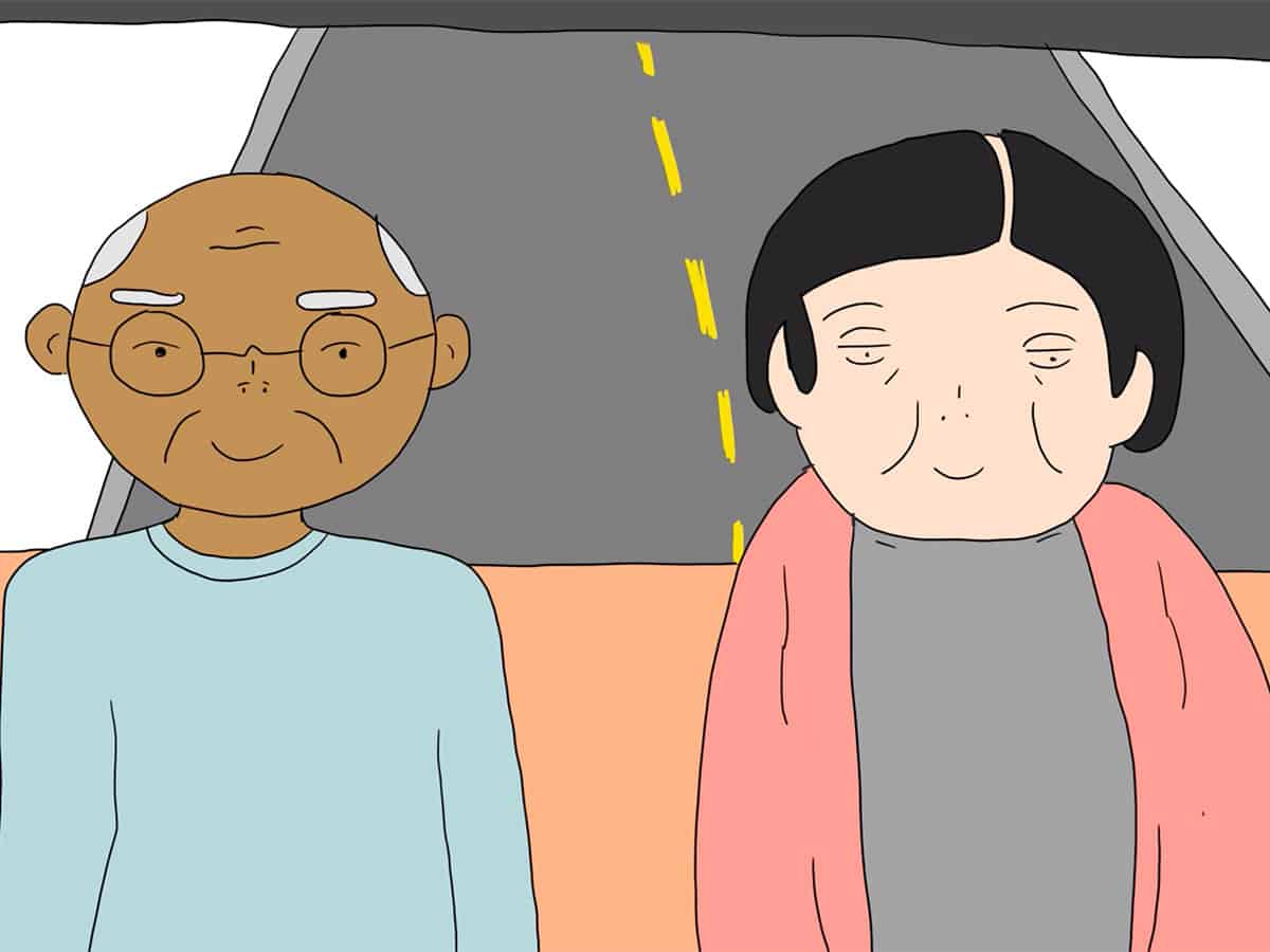 still from animation of two figures riding a bus