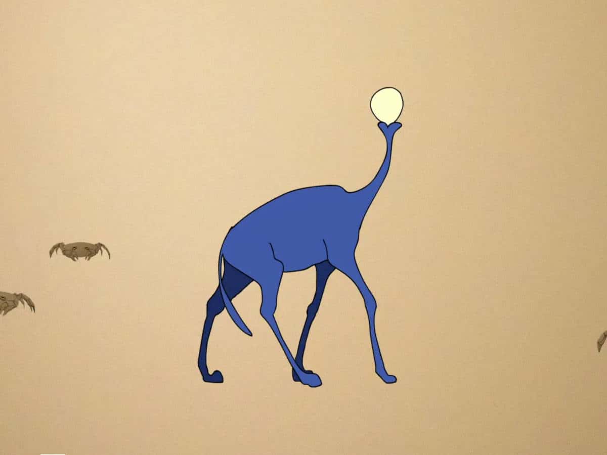 drawing of blue giraffe-like creature with a pale yellow balloon for a head walking with brown crabs on the ground